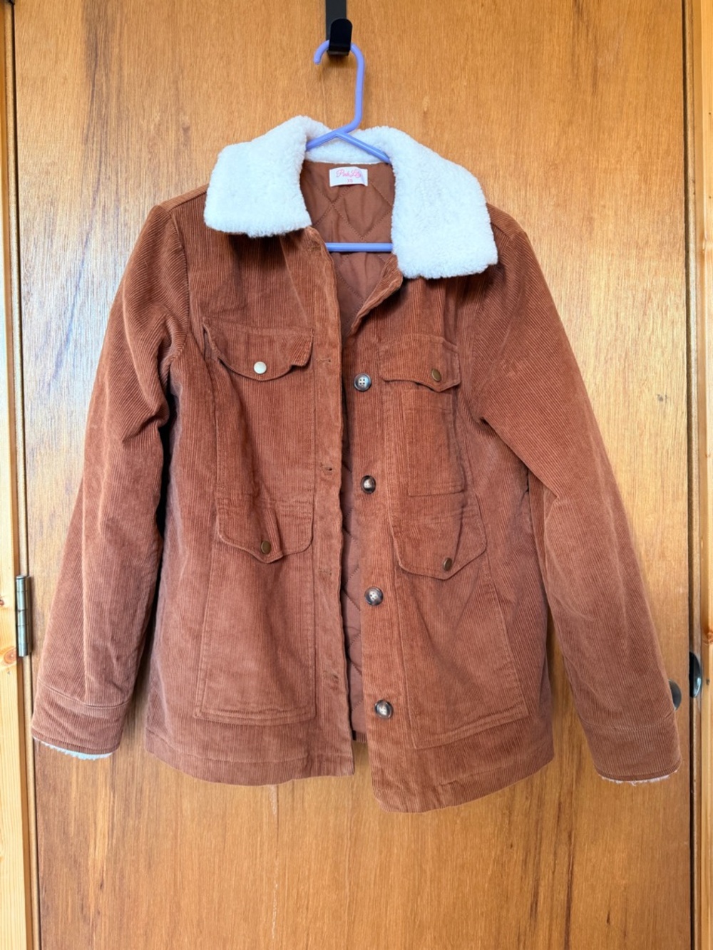 Pink Lily Oversized Brown Corduroy Teddy Jacket with White Sherpa Collar